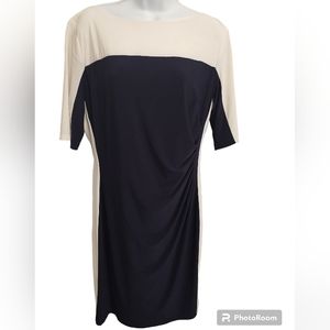 Chaps navy blue and white blocked midi dress with pleated side